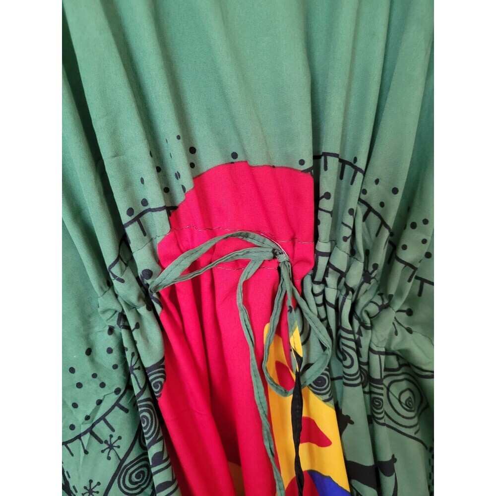 Riviera Sun Women's Kaftan Maxi Dress L/XL Green Tribal Print Drawstring Boho - Picture 3 of 5